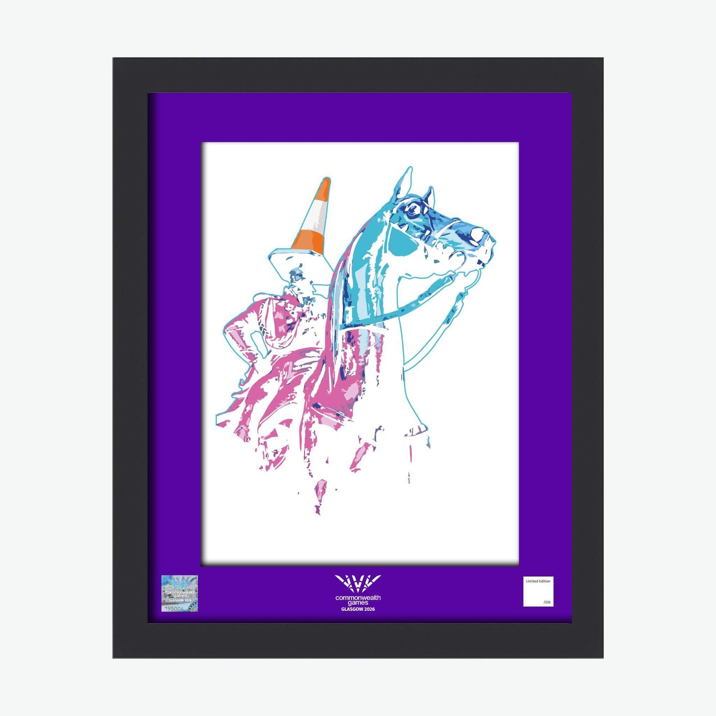 20" x 16" Glasgow 2026 Commonwealth Games Wellington Framed Print with black frame and purple mount