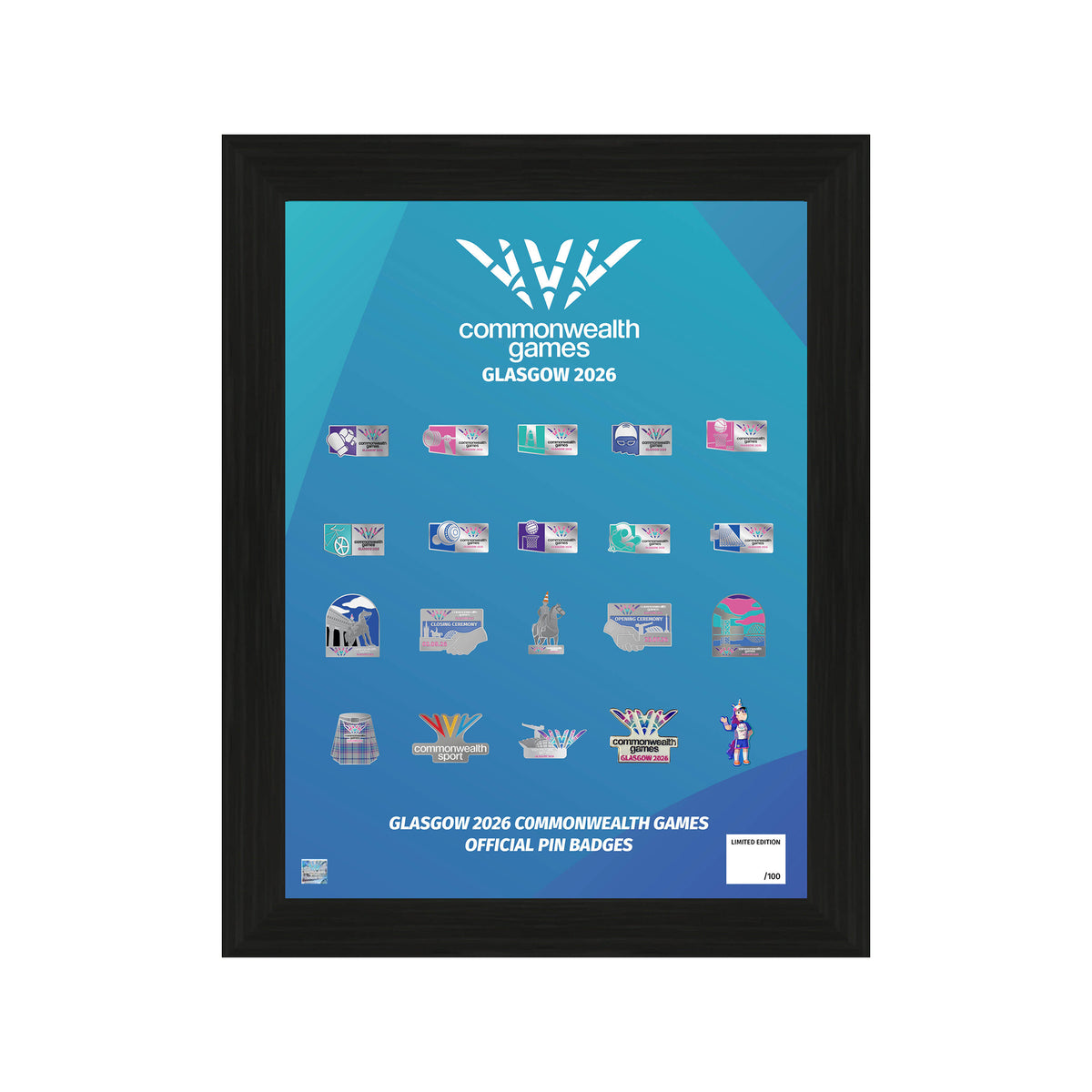 Glasgow 2026 frames official limited-edition pin badge collection featuring 20 unique pin badges in a black frame with blue Glasgow 2026 backdrop.