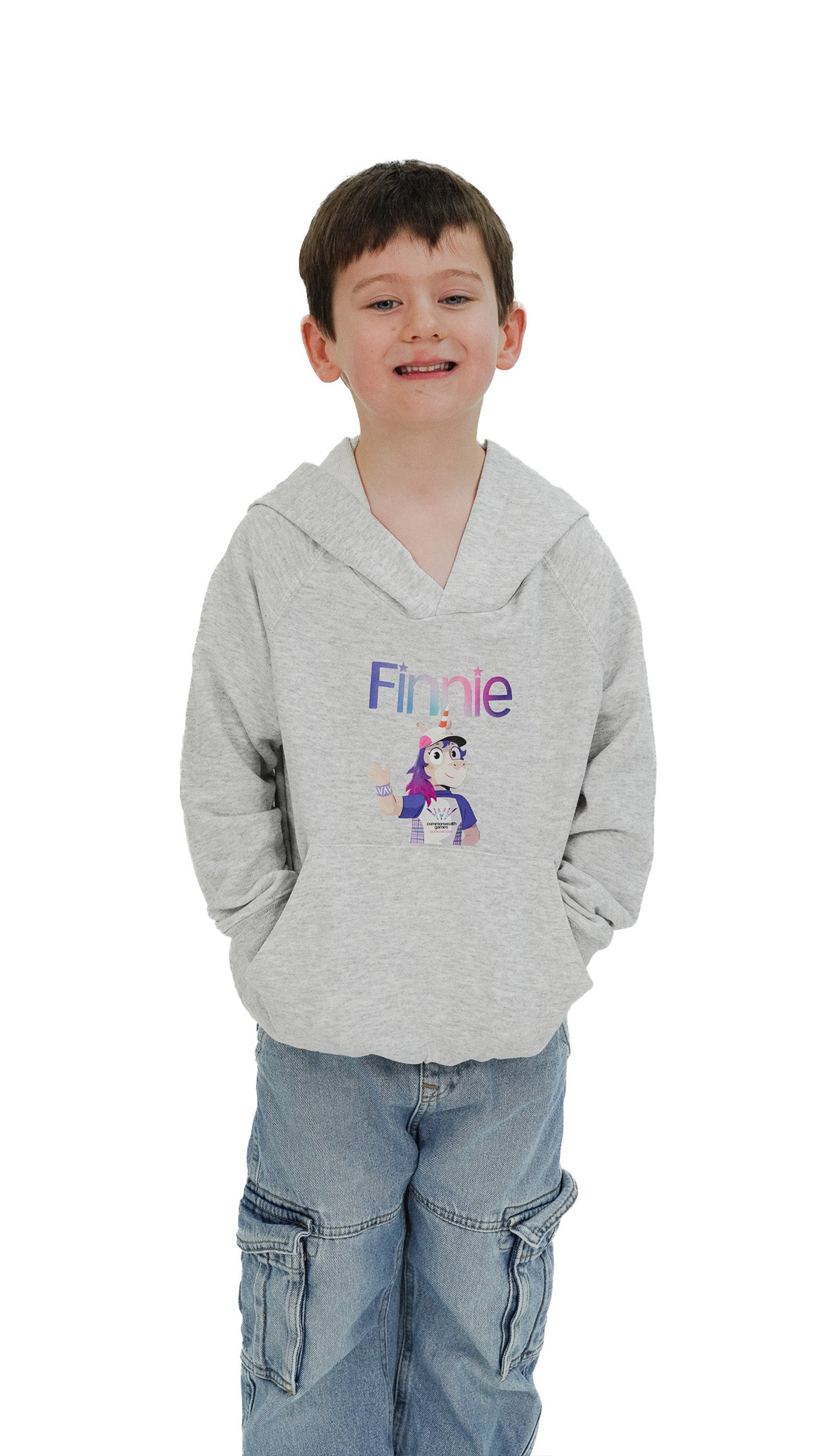 Front view of young boy wearing grey hoodie with Glasgow 2026 Finnie Mascot graphic.