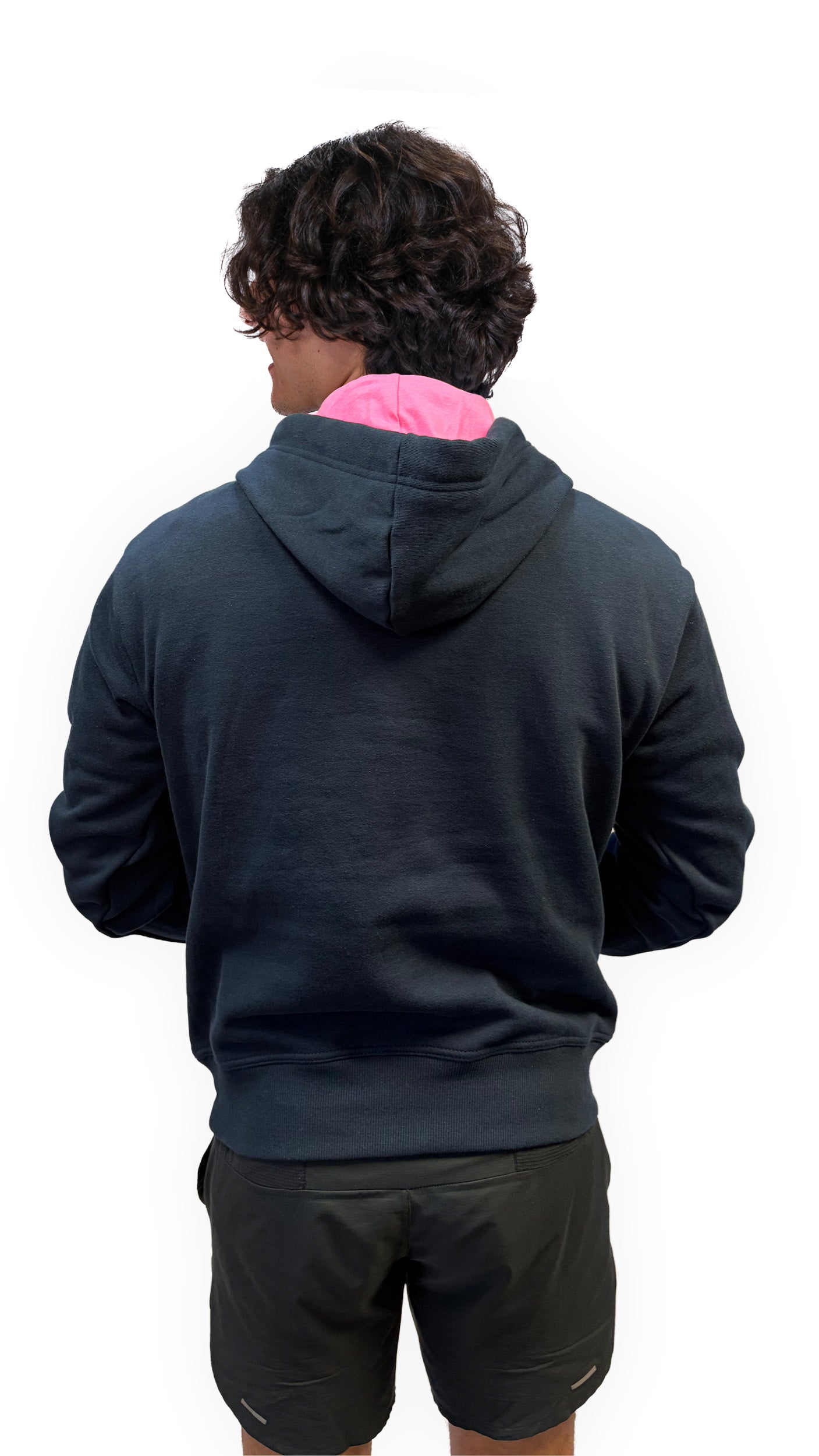Back view of man wearing navy contrast hoodie with pink XXVI Glasgow 3D textured print.