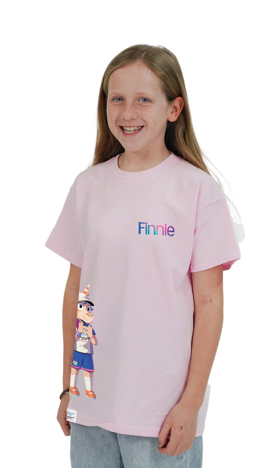 Young girl wearing light pink Glasgow 2026 Finnie Mascot side print t-shirt.