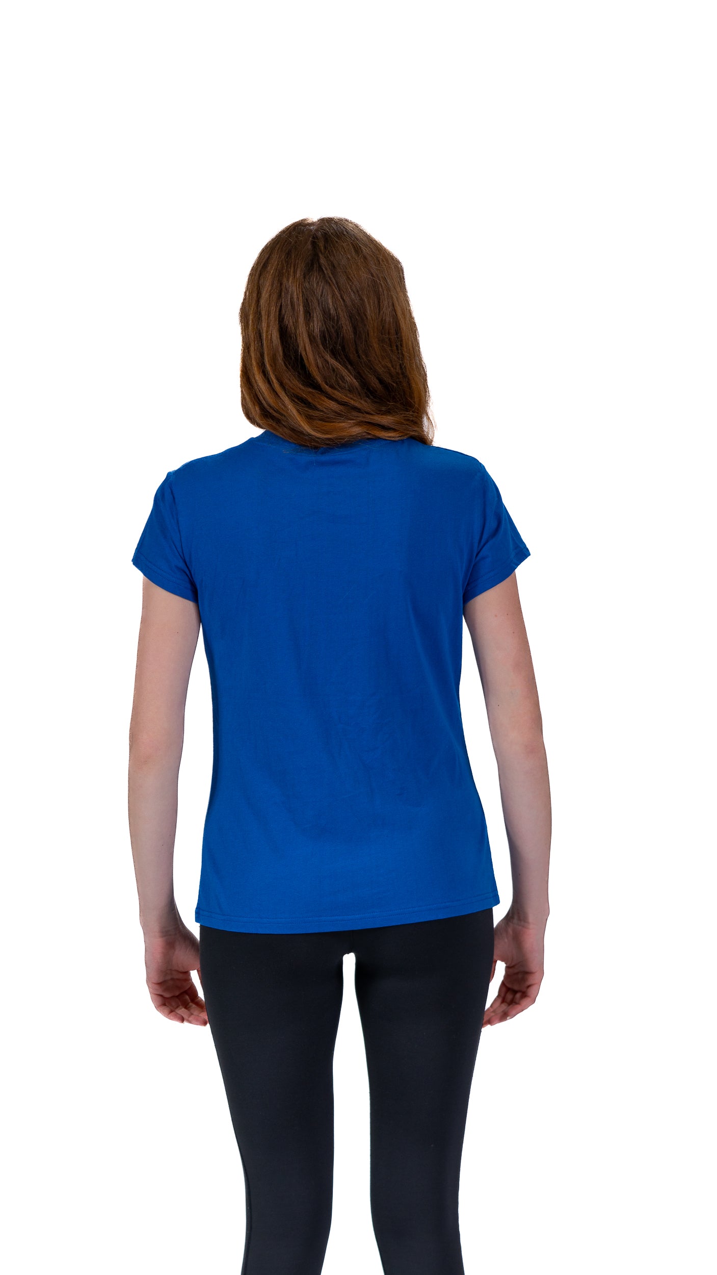 Back view of woman wearing denim blue fitted Glasgow 2026 logo t-shirt.