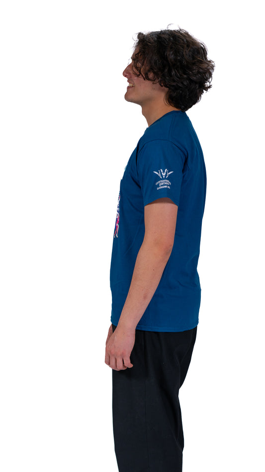 Side view of man wearing navy Glasgow Cityscape t-shirt.