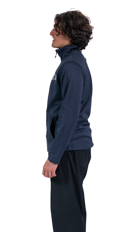 Front view of man wearing navy Track Jacket with white Glasgow 2026 logo and stripes.