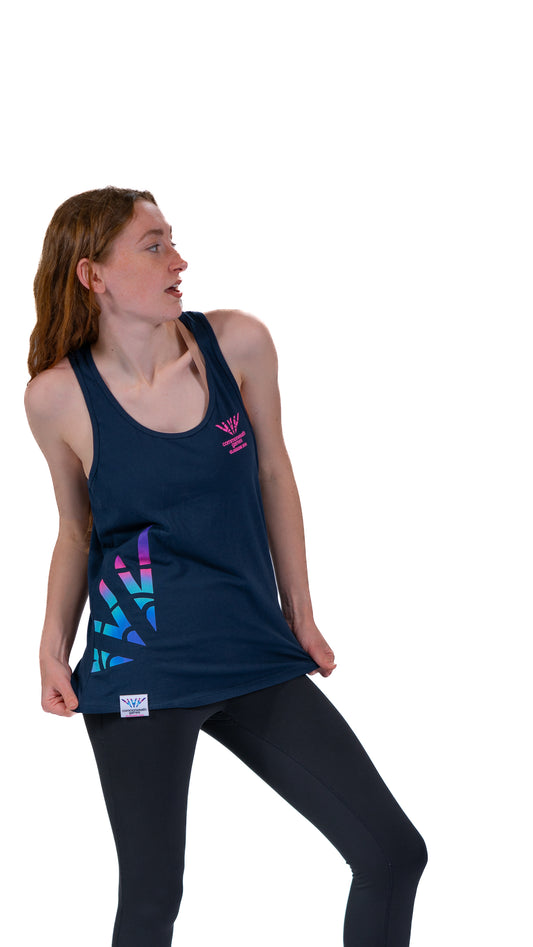 Side view of woman wearing fitted navy vest with Glasgow 2026 logo on the left chest and Celebration mark side print.