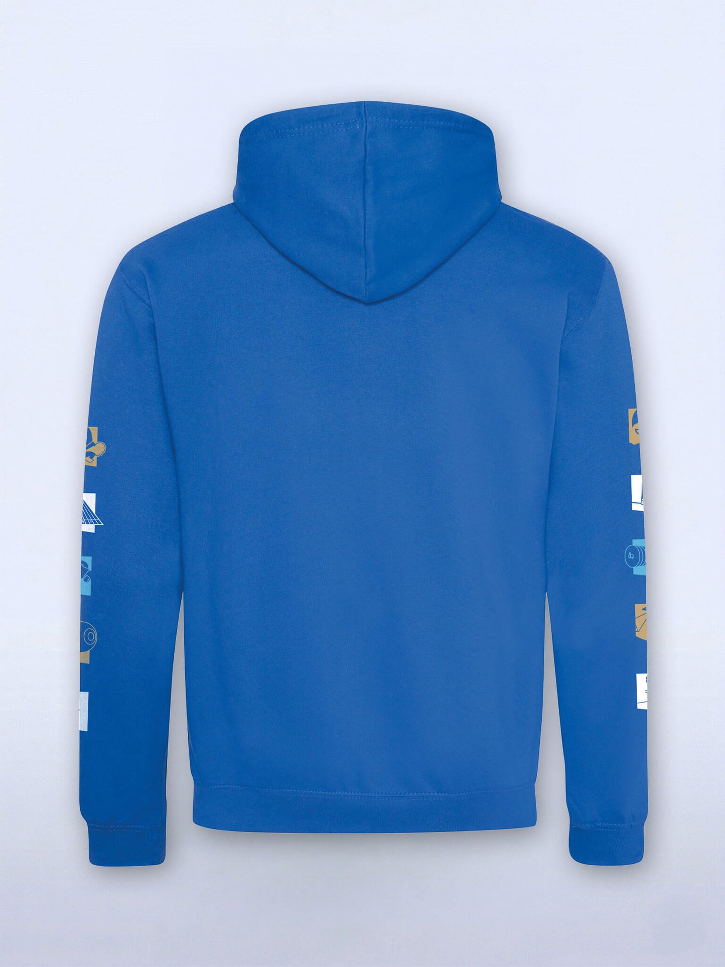 Back view Royal blue/White contrast hoodie with Commonwealth Games sports icons across each sleeve on a light grey background