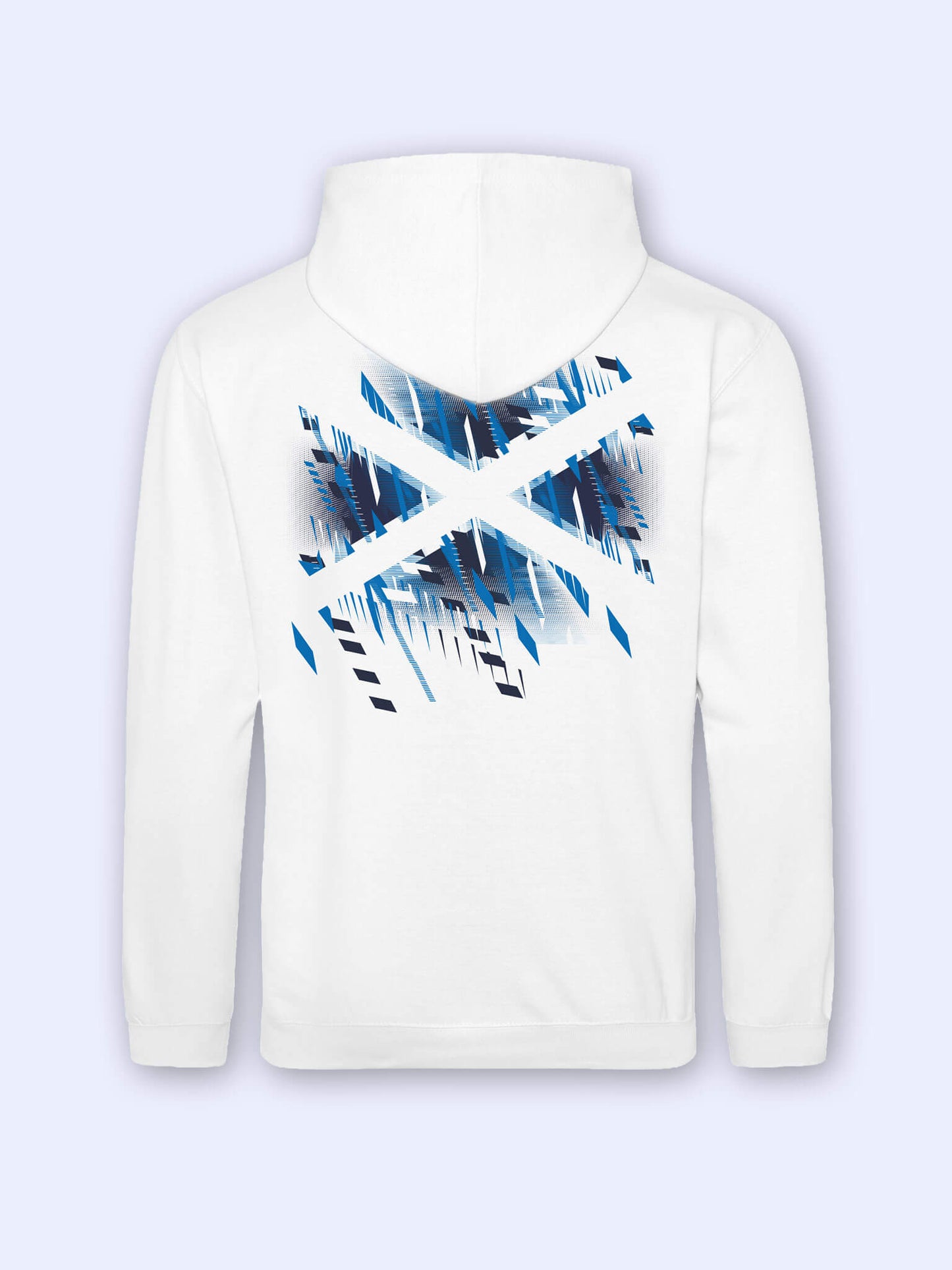 Back view of white hoodie with Team Scotland Saltire Flag graphic on a light grey background