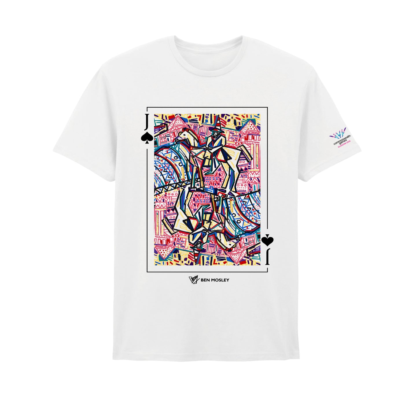 White t-shirt with Ben Mosley Cityscape Wellington Statue graphic created for Glasgow 2026