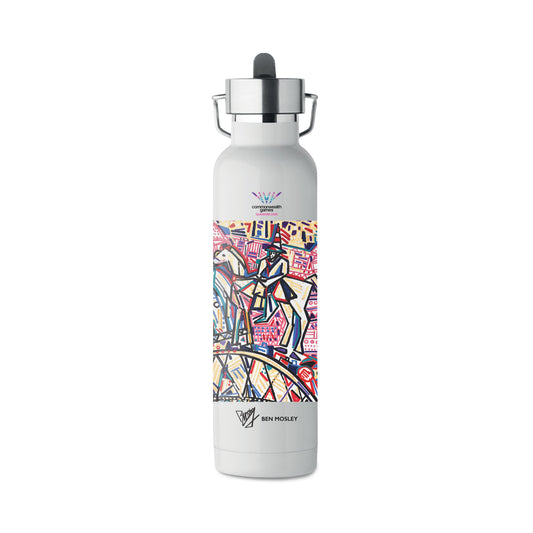White stainless steel water bottle with built-in straw and Ben Mosley Glasgow 2026 (Detail No.1) Graphic.