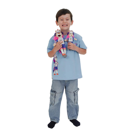 Boy holding both of our Glasgow 2026 Finnie Mascots - 15cm & 25cm