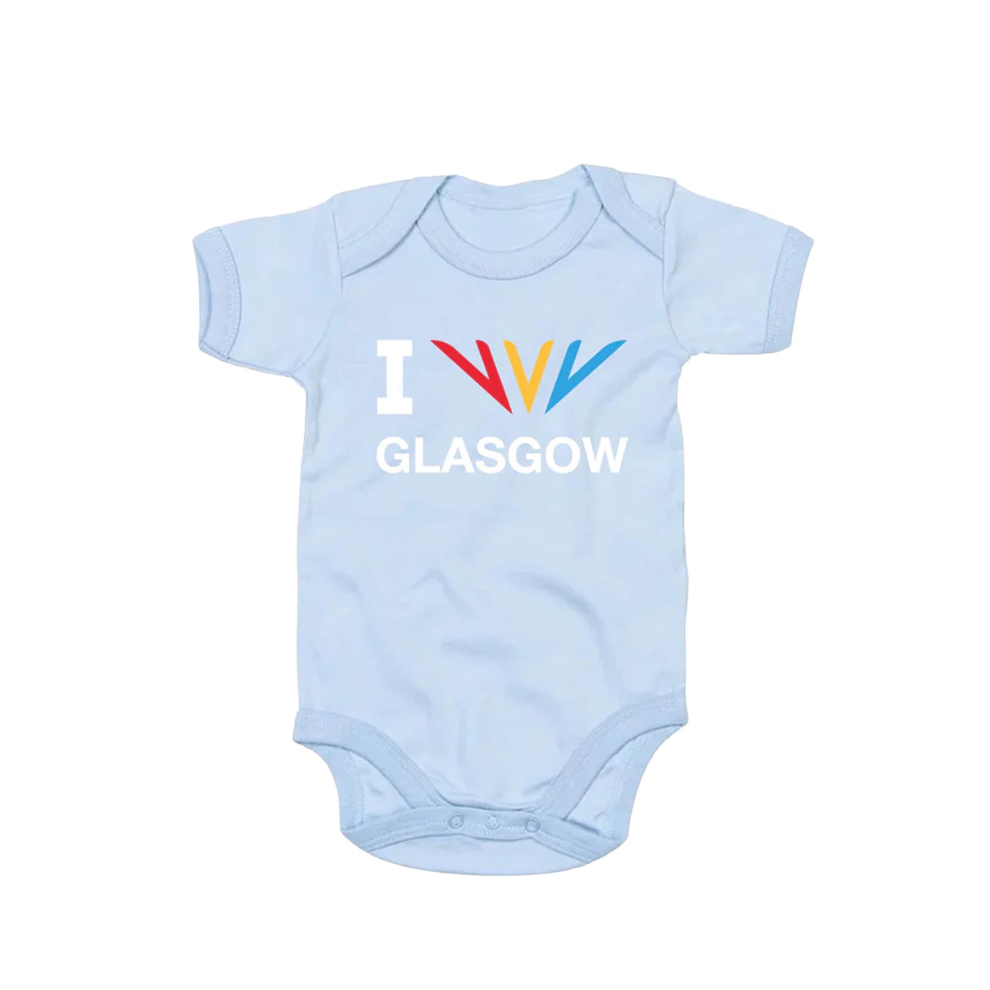 Front view of dusty blue Commonwealth Sport I Celebrate Glasgow baby bodysuit featuring the Celebration mark - Glasgow 2026
