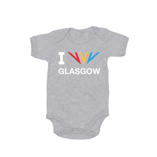 Front view of heather grey Commonwealth Sport I Celebrate Glasgow baby bodysuit featuring the Celebration mark - Glasgow 2026