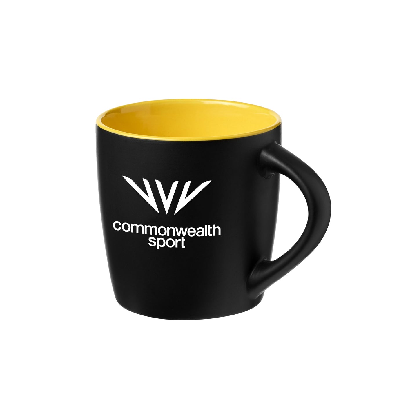 Black mug with yellow inner and rim with white Commonwealth Sport logo.