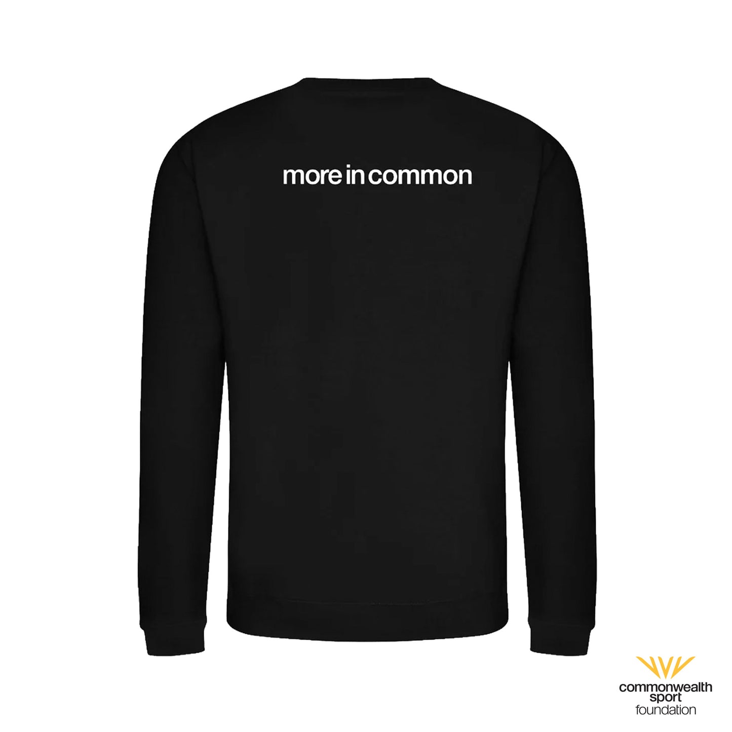 Back view of black Commonwealth Sport I Celebrate Glasgow Sweatshirt with more in common back print - Glasgow 2026