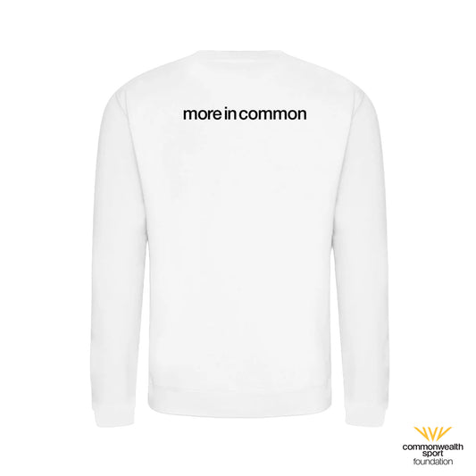 Back view of white Commonwealth Sport I Celebrate Glasgow Sweatshirt with more in common back print - Glasgow 2026