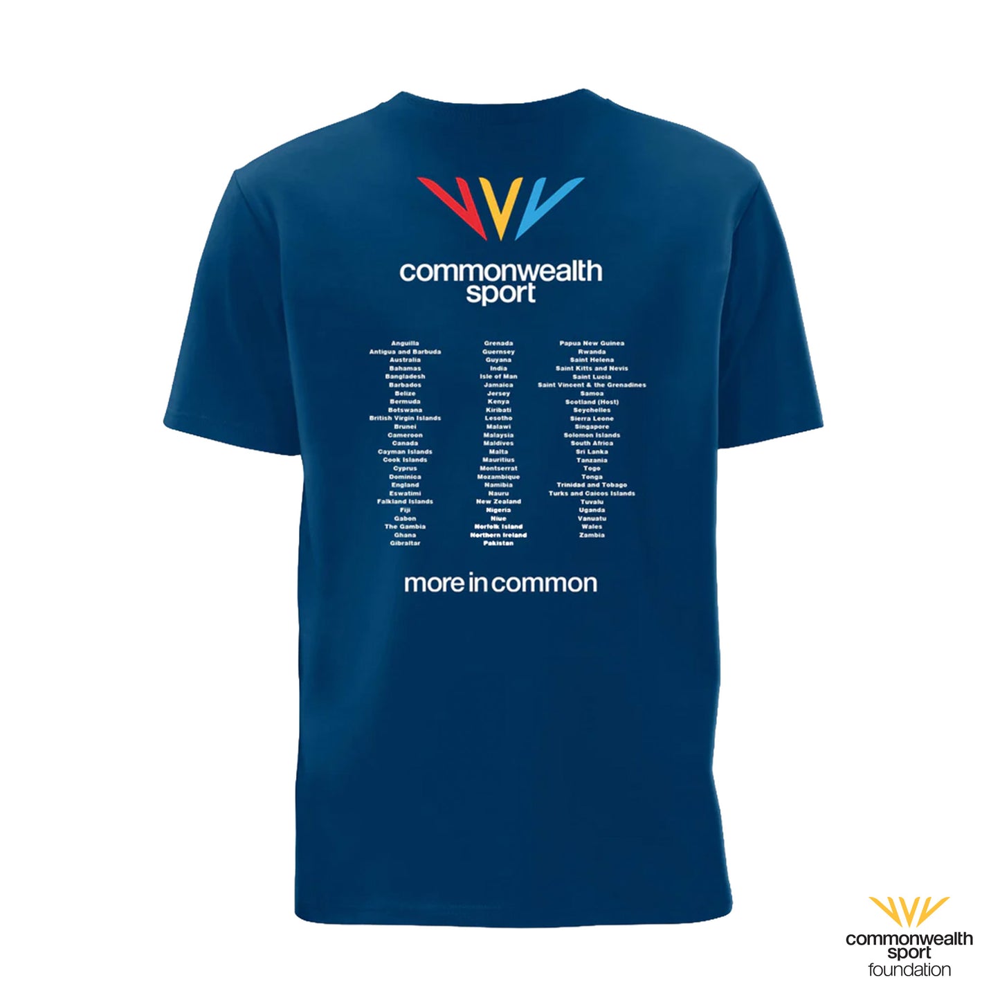 Front view of mountain blue Commonwealth Sport t-shirt with participating countries back print - Glasgow 2026