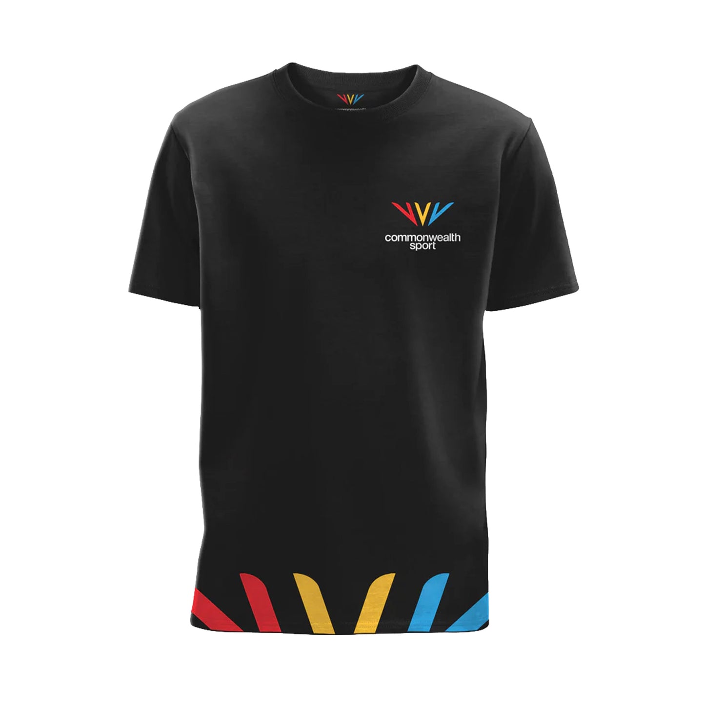 Front view of black Commonwealth Sport t-shirt with logo on the left chest and Celebration Mark detail along the hem - Glasgow 2026