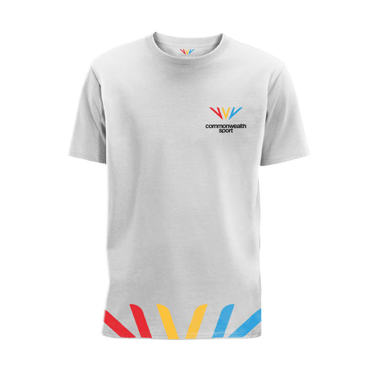 Front view of white Commonwealth Sport t-shirt with logo on the left chest and Celebration Mark detail along the hem - Glasgow 2026