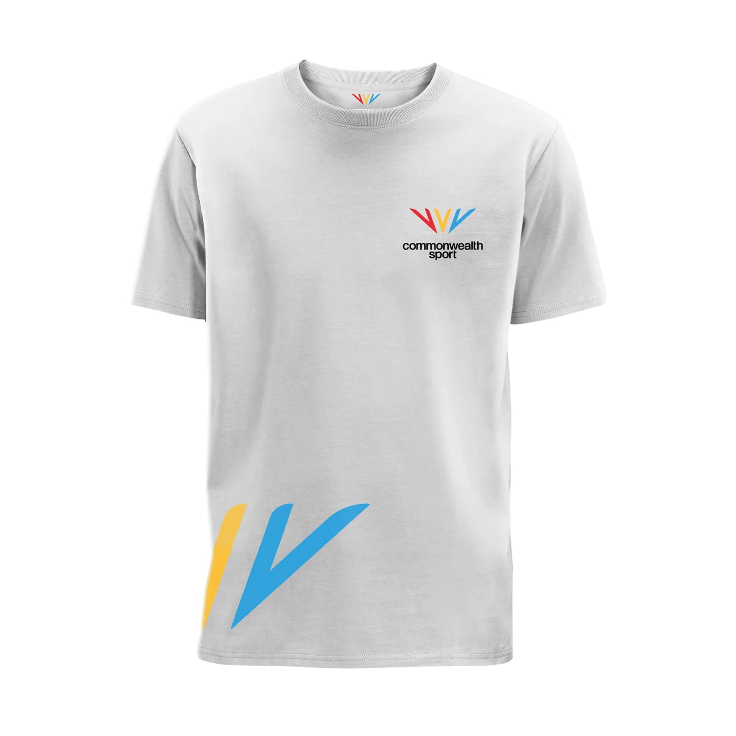 Front view of white Commonwealth Sport logo t-shirt with Celebration Mark side print - Glasgow 2026