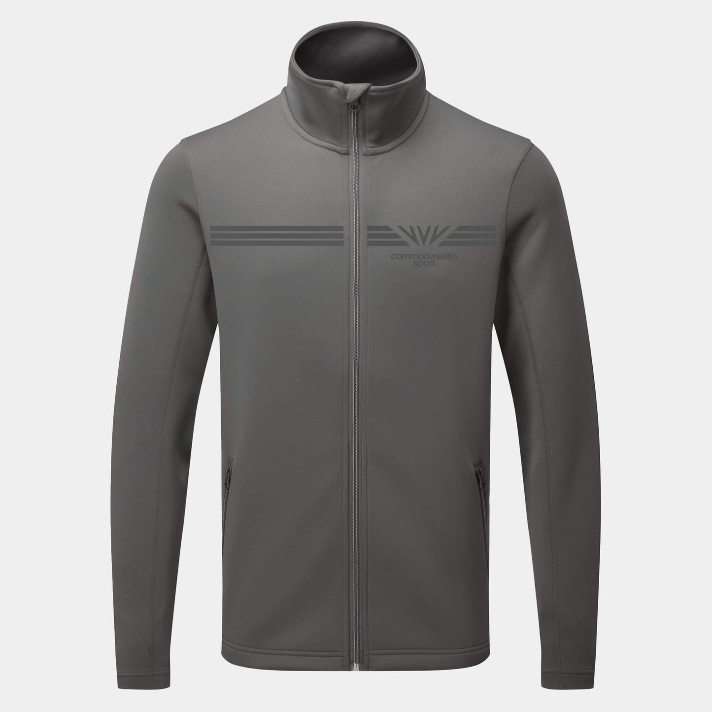Front view of dark grey Commonwealth Sport track jacket.