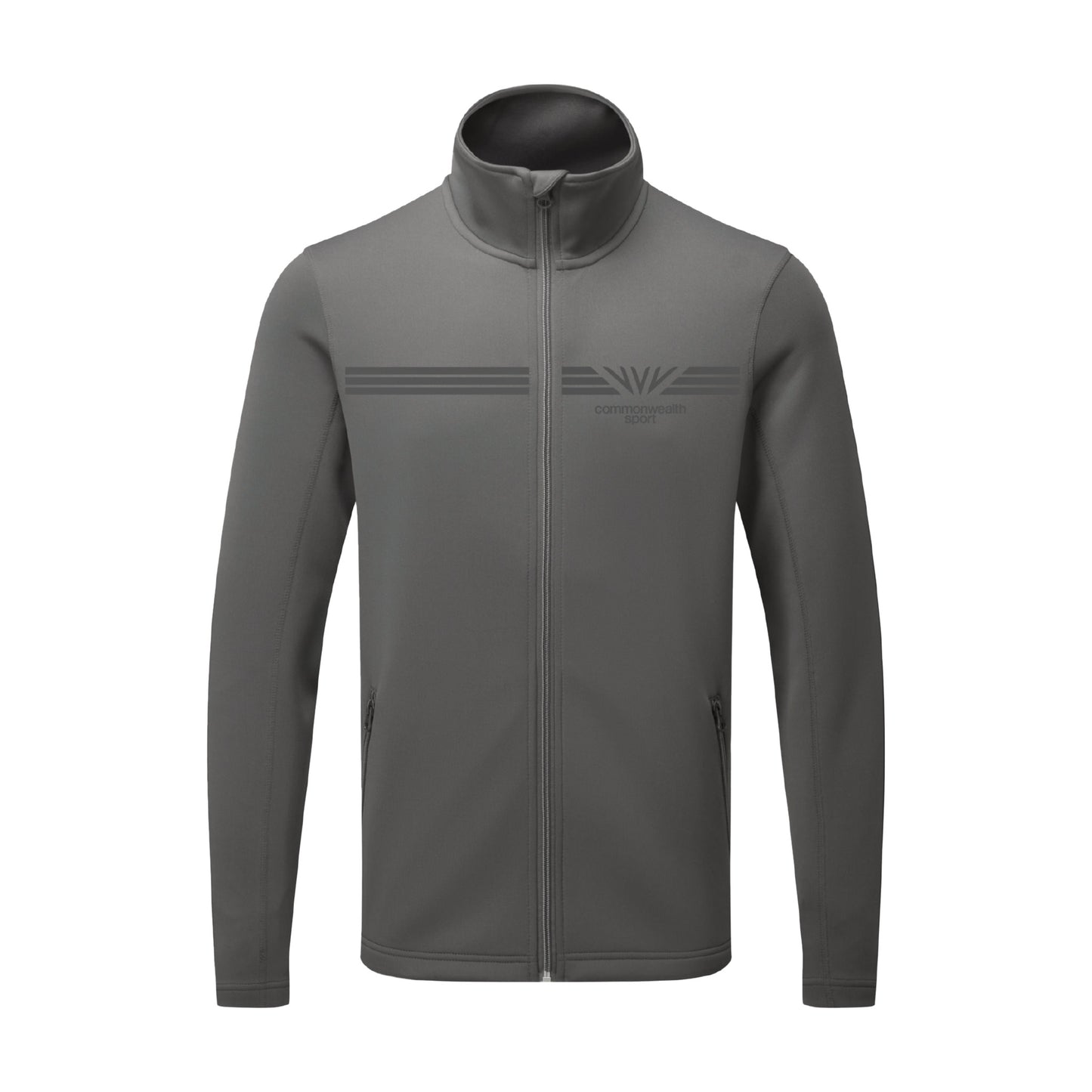 Front view of dark grey Commonwealth Sport track jacket.
