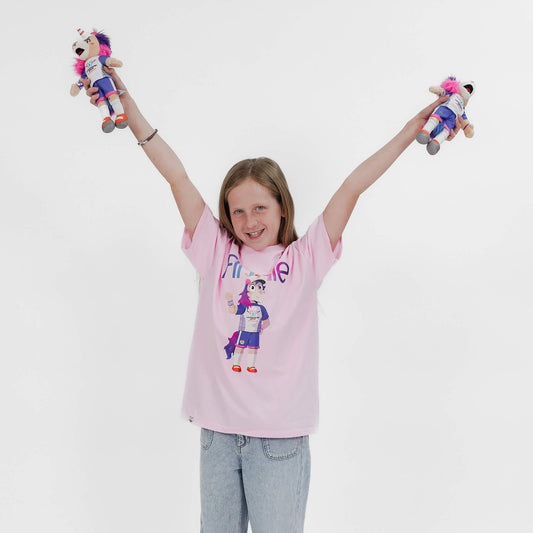 Girl holding 2 Glasgow 2026 Finnie Mascots - 25cm