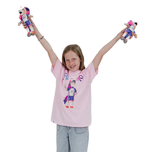 Girl holding 2 Glasgow 2026 Finnie Mascots - 25cm