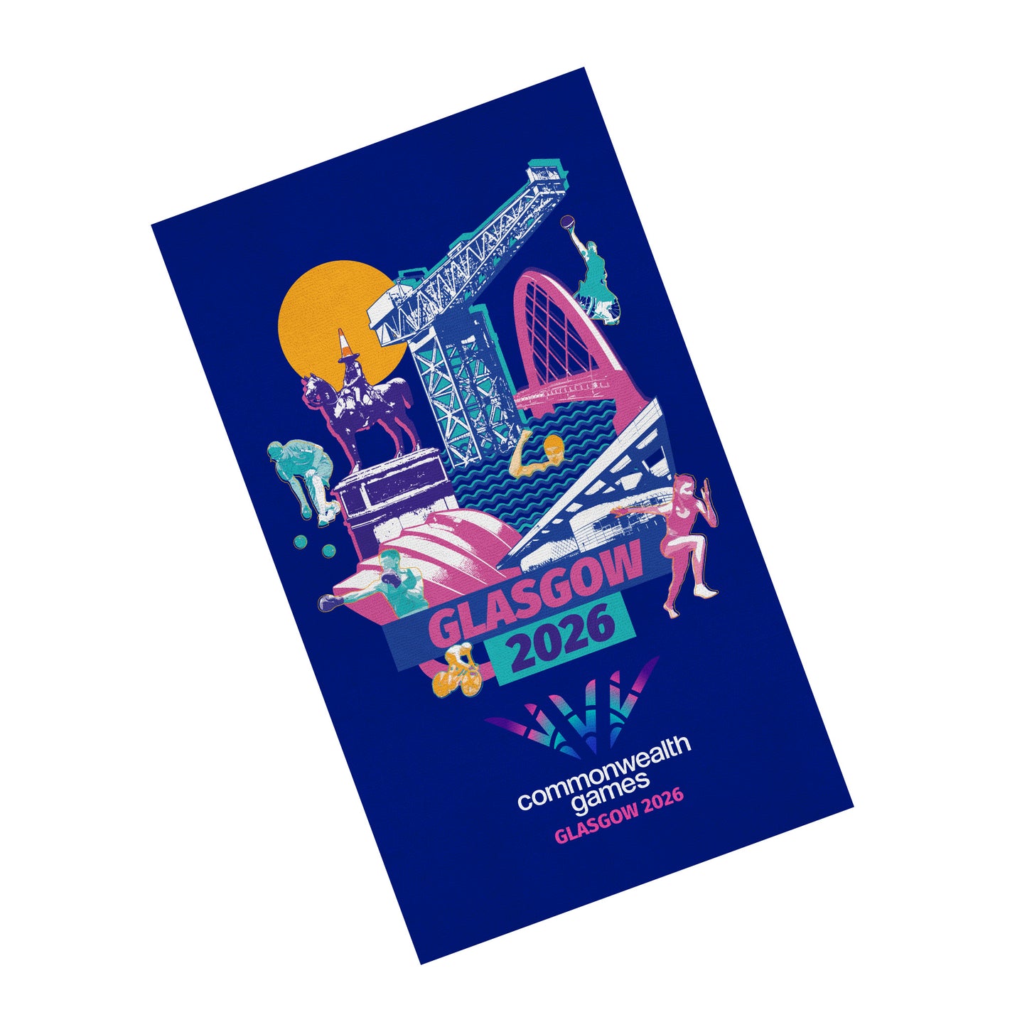 Navy bath towel with Glasgow 2026 Cityscape design