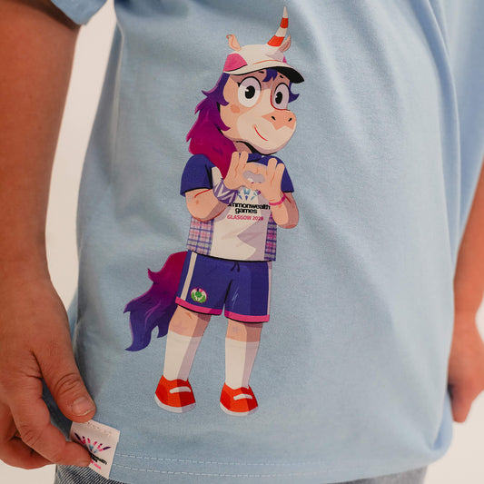 Close up of Finnie sideprint on blue t-shirt - Glasgow 2026