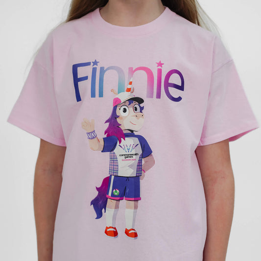 Close up of pink Finnie t-shirt showing printed design - Glasgow 2026