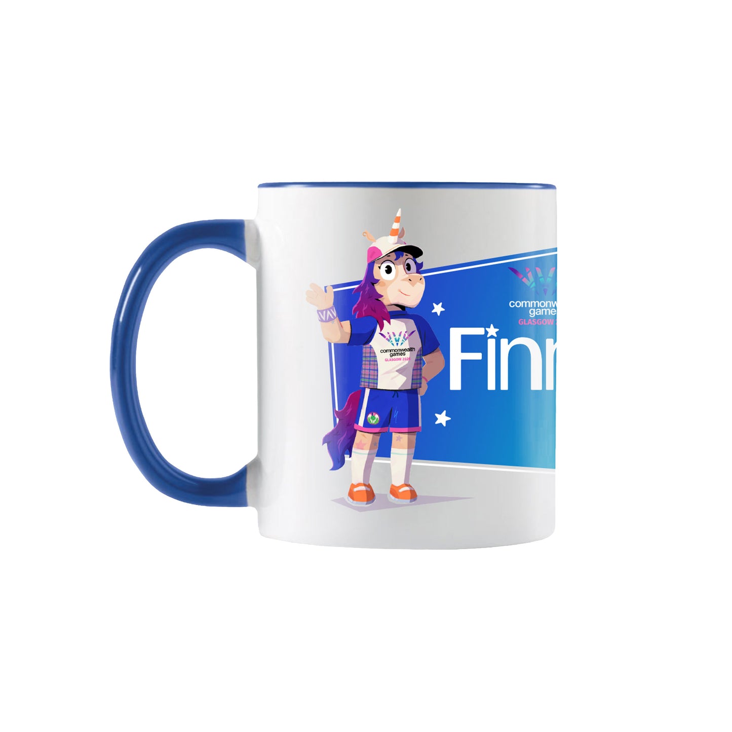 White mug with contrast blue handle inner and rim printed with colourful Finnie mascot design