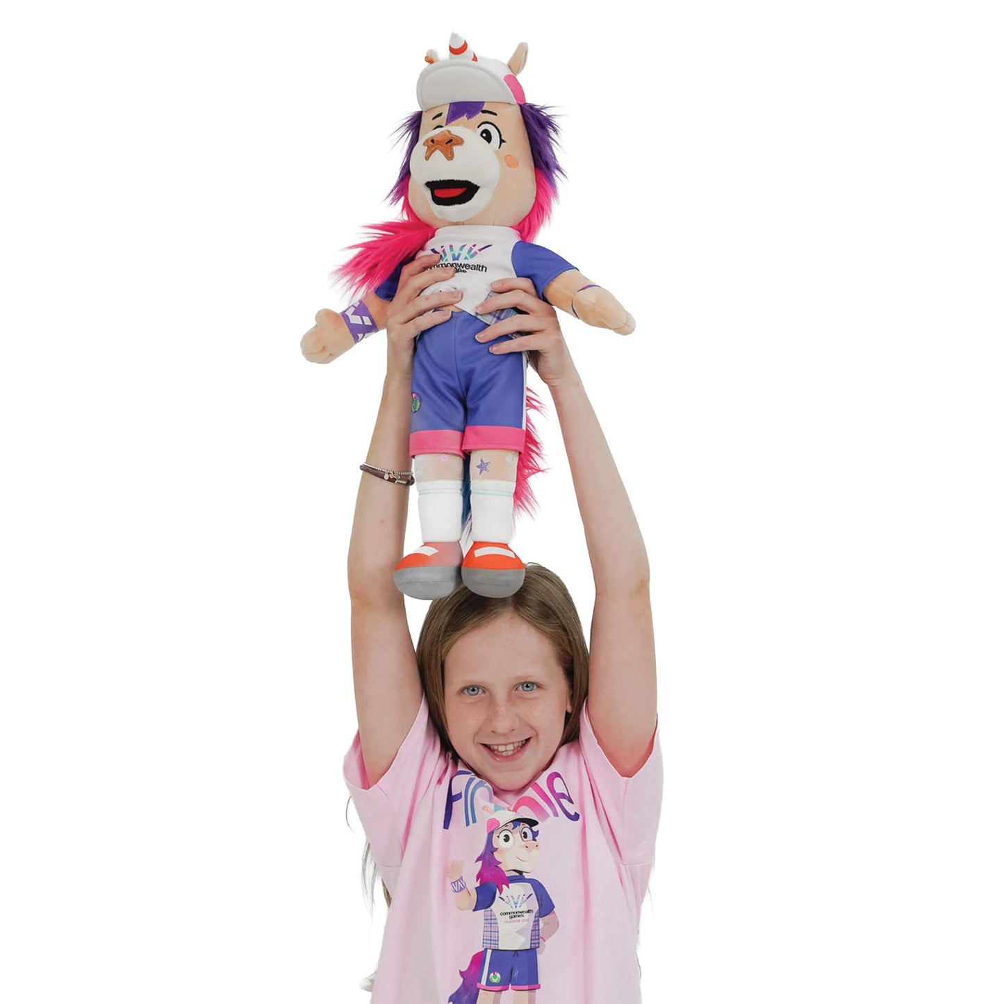 Young girl holding a 50cm Finnie Glasgow 2026 Mascot Plush above her head