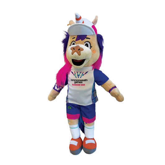 A 50cm Finnie Glasgow 2026 Mascot Plush on grey background
