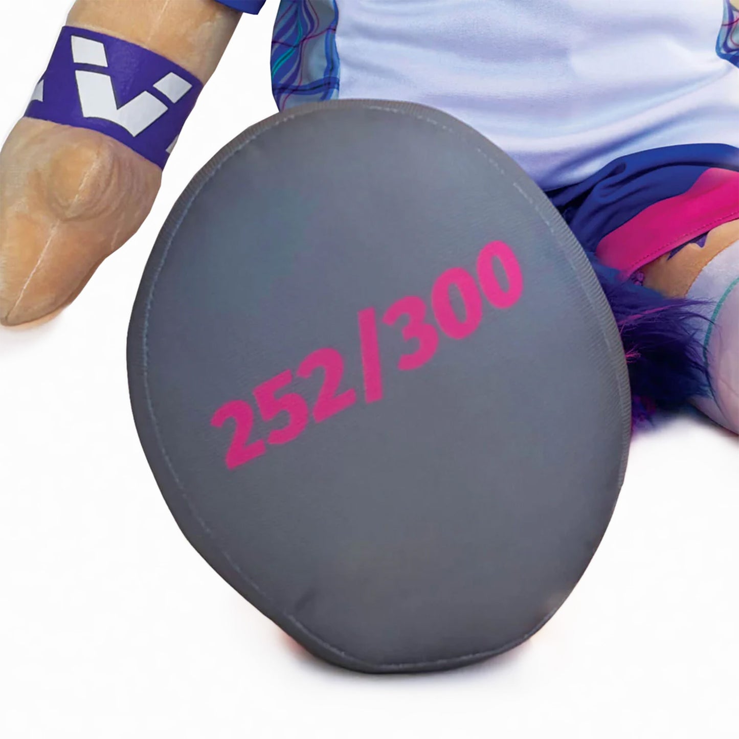 A close up of limited edition 1 metre Glasgow 2026 Finnie Mascot showing production number