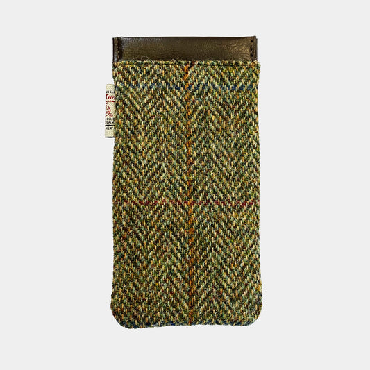 Back view of Glasgow 2026 Country Green Harris Tweed Glasses Sleeve on grey background