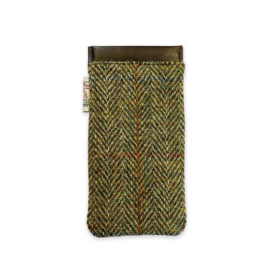 Back view of Glasgow 2026 Country Green Harris Tweed Glasses Sleeve on grey background