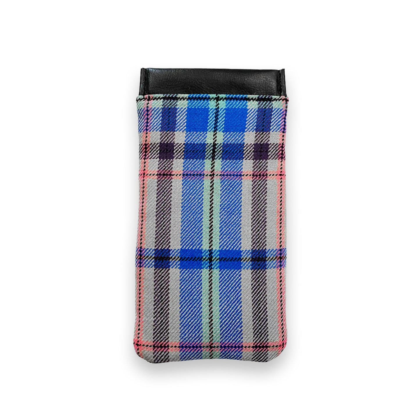Back view of Glasgow 2026 Tartan Glasses Sleeve on grey background