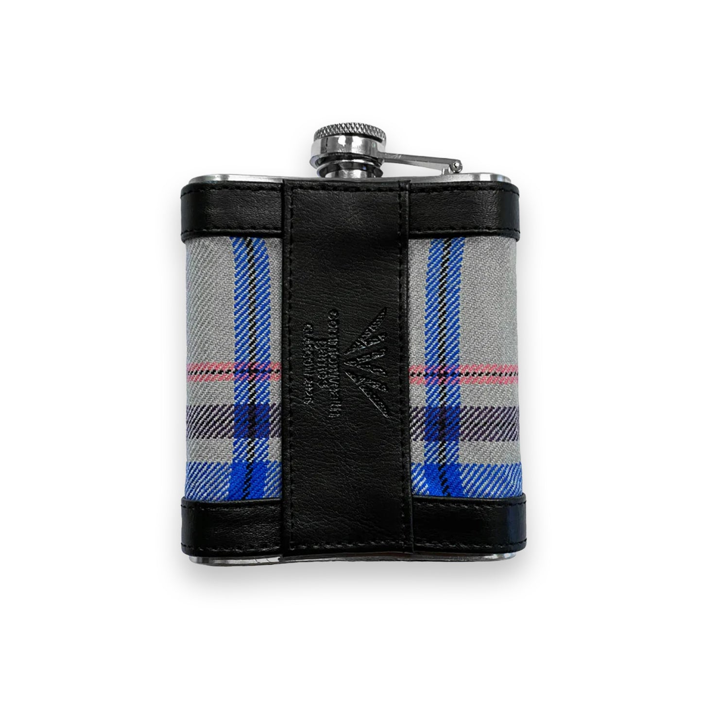 Back view of Glasgow 2026 Tartan Hip Flask on grey background