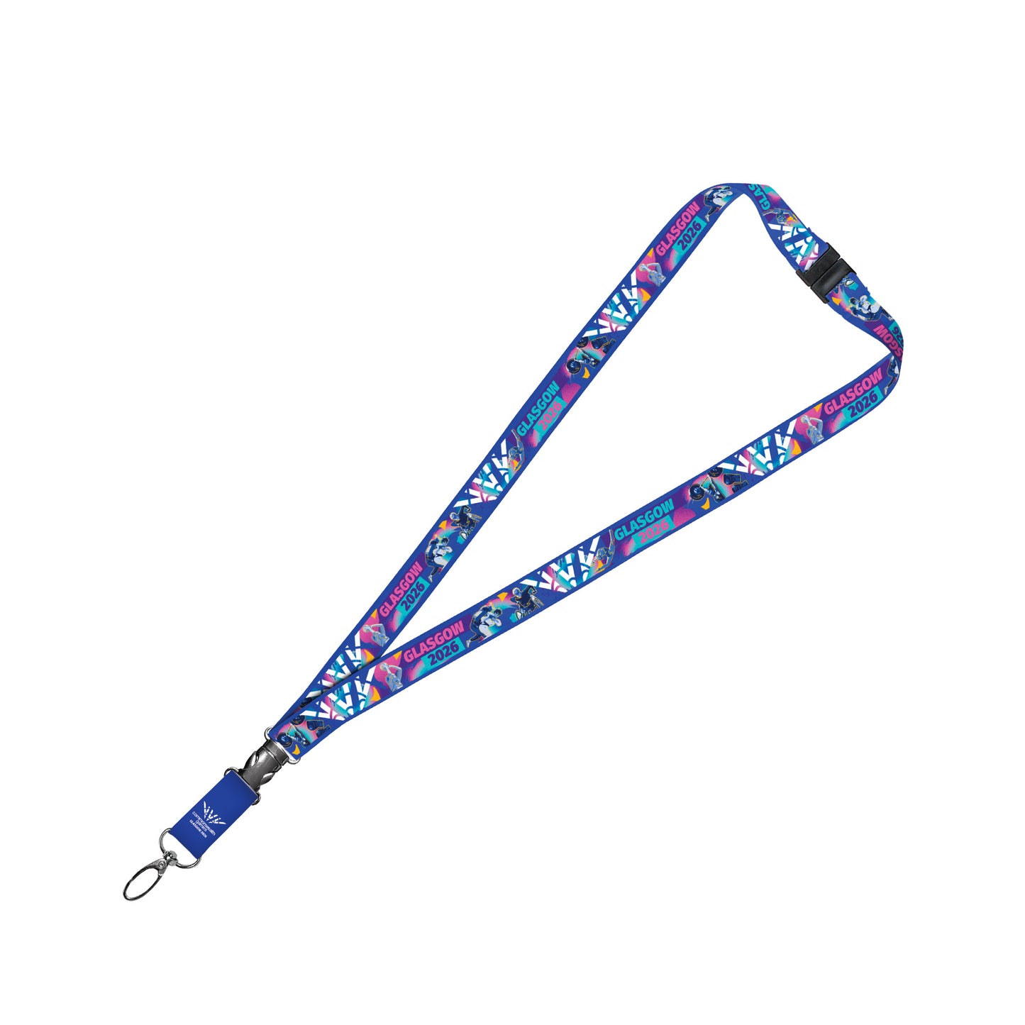 A blue lanyard with safety release clip and Glasgow 2026 celebration design.