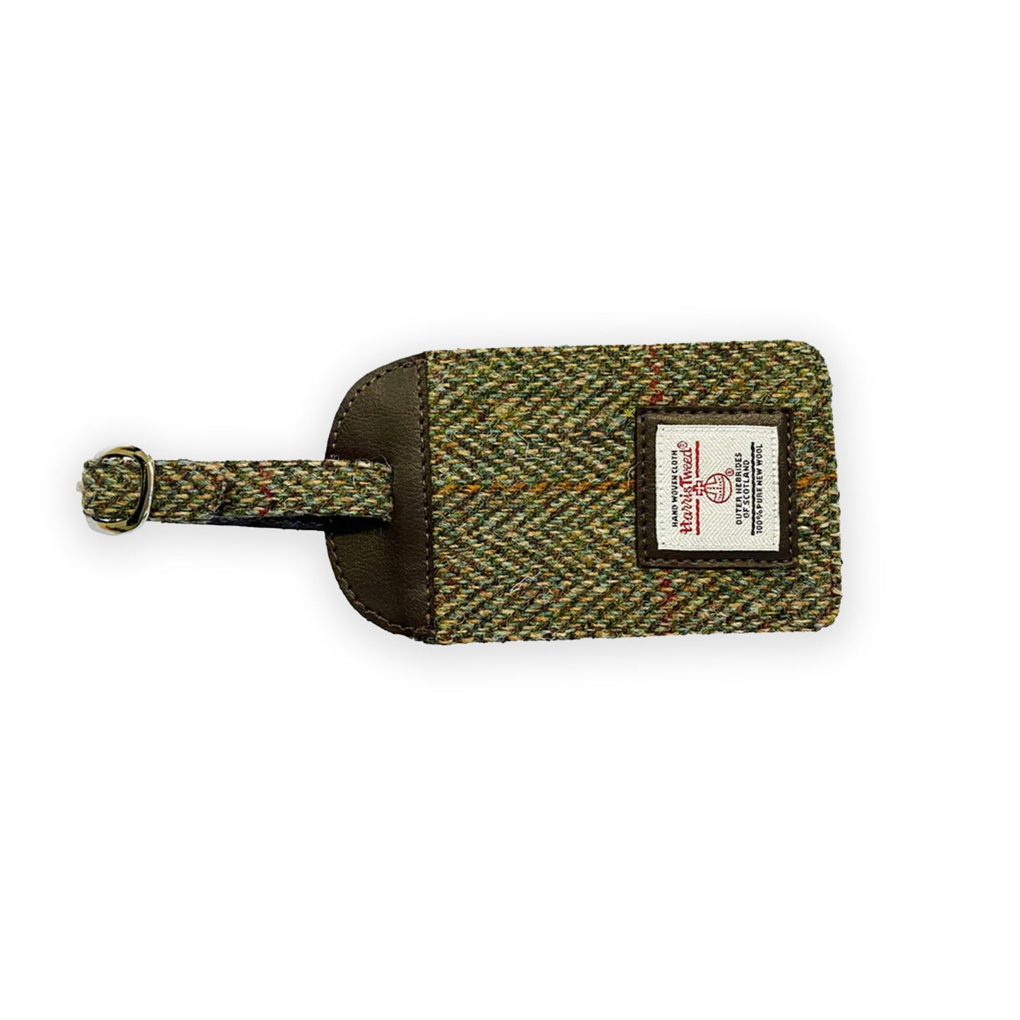 Back view of Glasgow 2026 Country Green Harris Tweed Luggage Tag on grey background