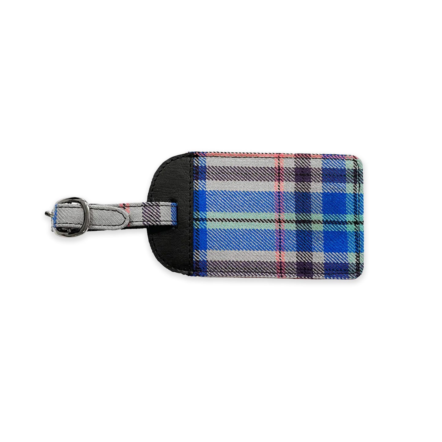 Back view of Glasgow 2026 Tartan Luggage Tag on grey background