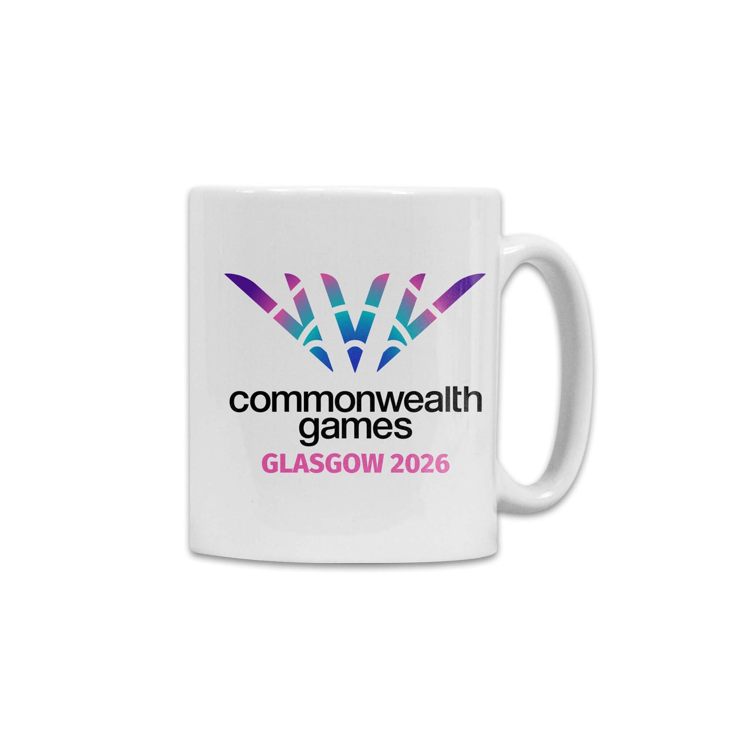 White ceramic mug with full colour Glasgow 2026 Commonwealth Games logo on a white background