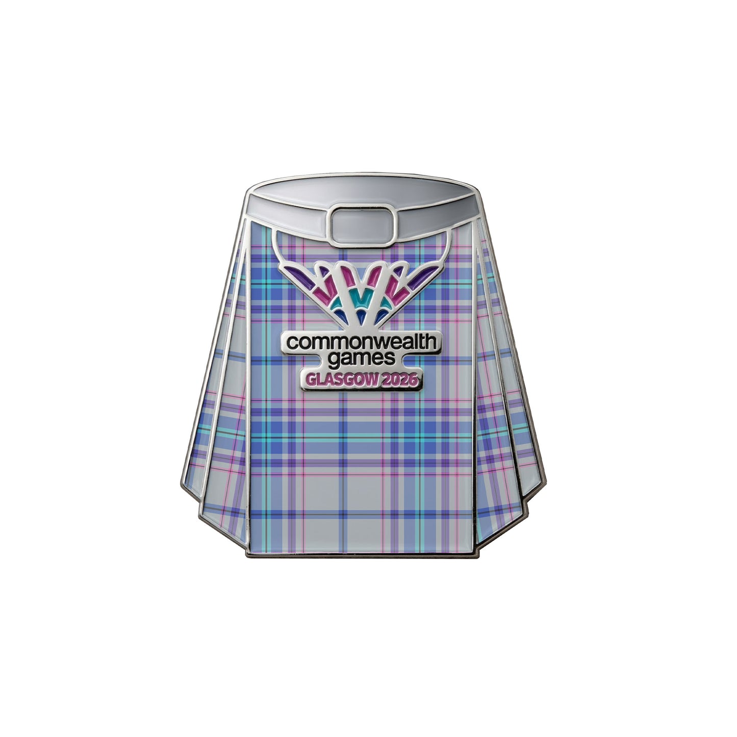 Metal Glasgow 2026 Kilt pin badge with soft enamel Glasgow 2026 logo and printed official Glasgow 2026 tartan pattern.