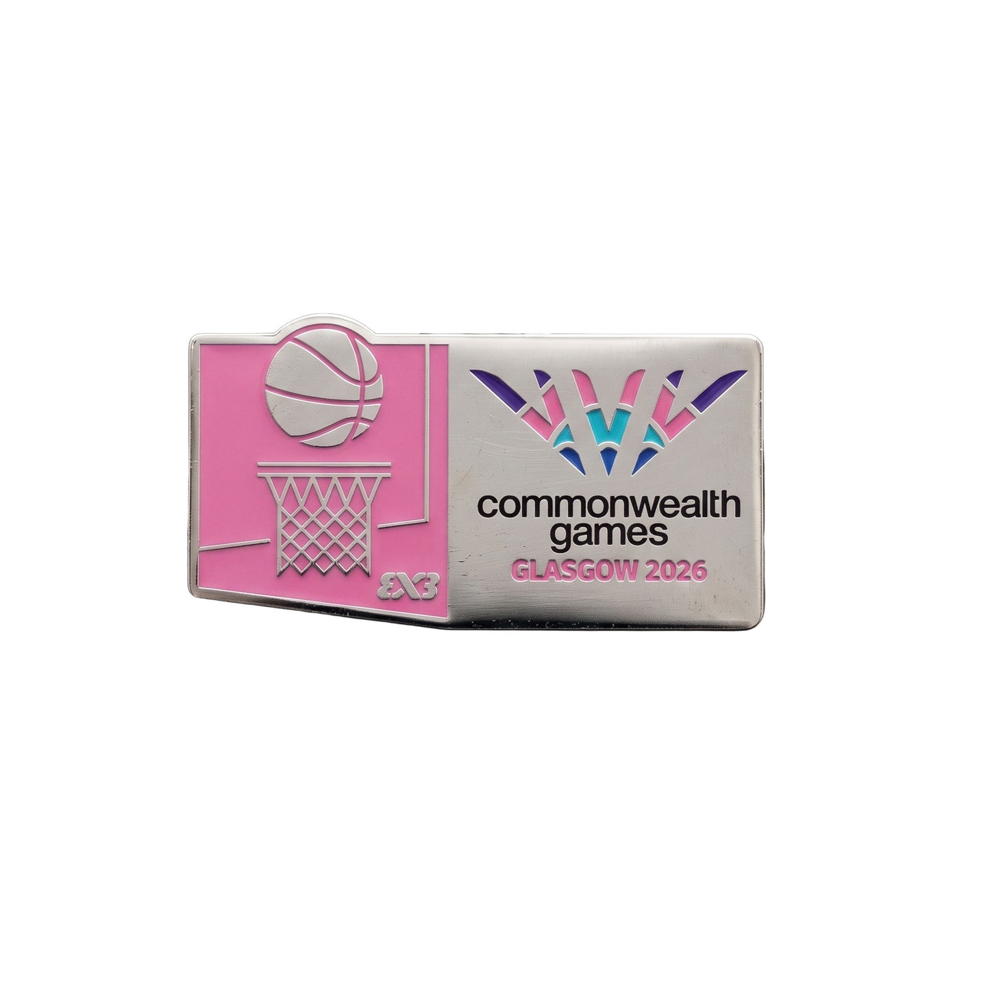 Metal pin badge with soft enamel 3x3 Basketball Pictogram and Glasgow 2026 logo.