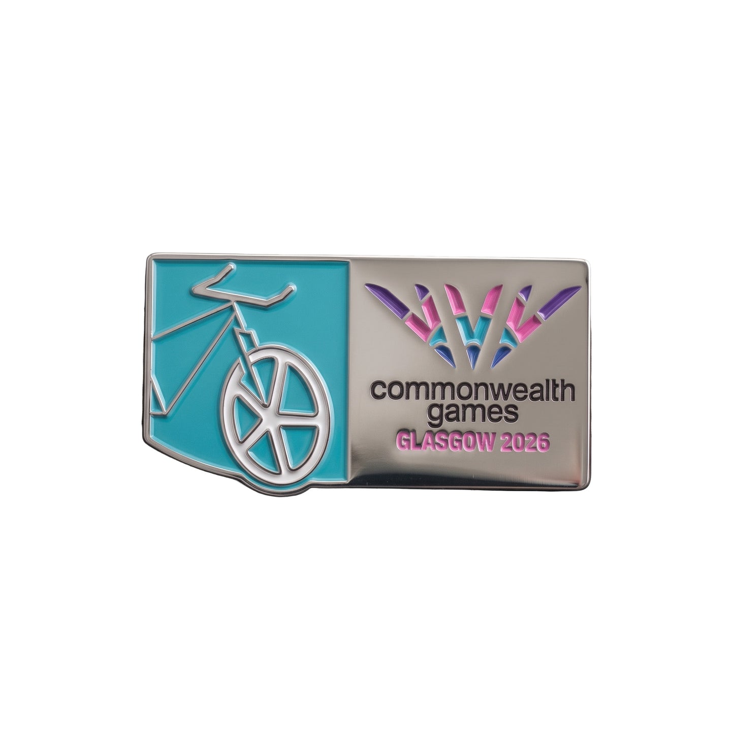 Metal pin badge with soft enamel Cycling Pictogram and Glasgow 2026 logo.