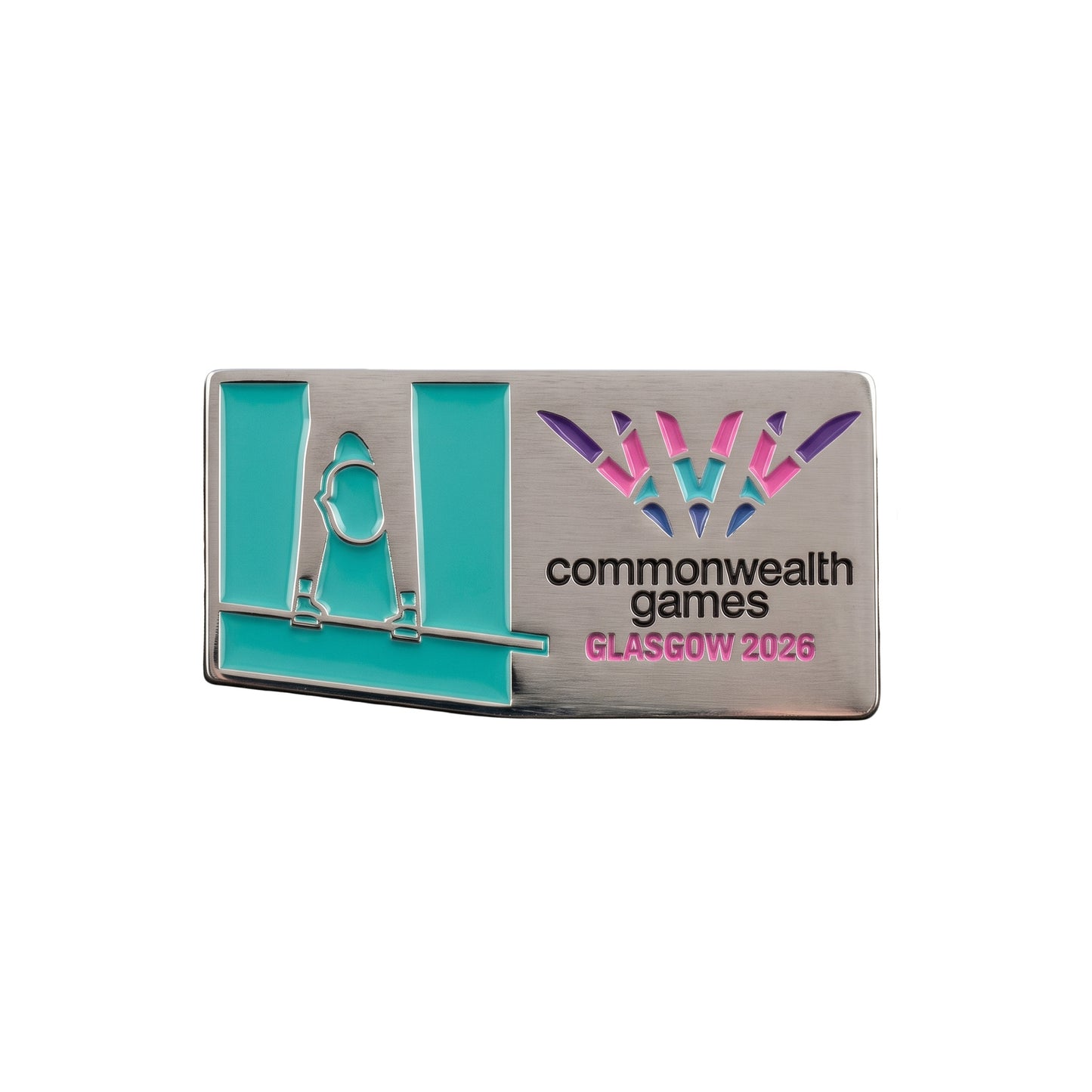 Metal pin badge with soft enamel Gymnastics Pictogram and Glasgow 2026 logo.