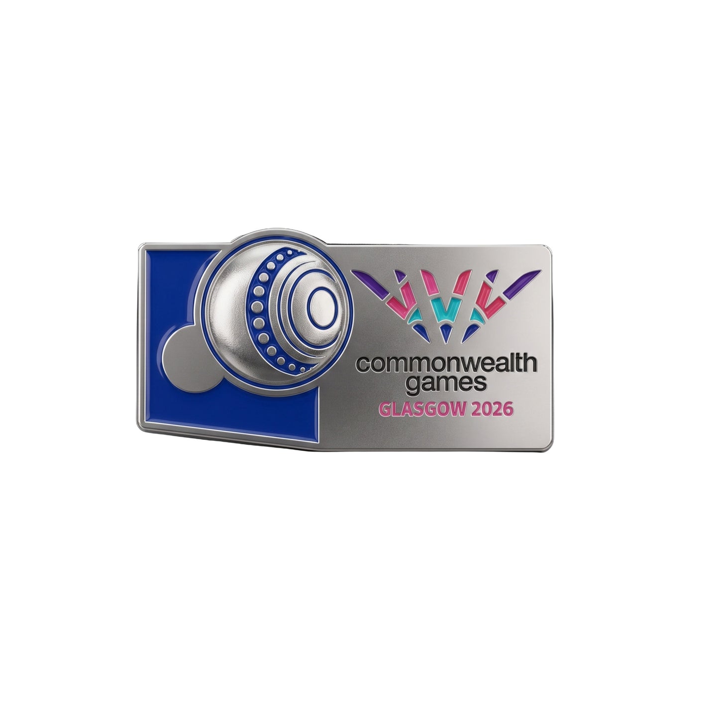 Metal pin badge with soft enamel Lawn Bowls Pictogram and Glasgow 2026 logo.
