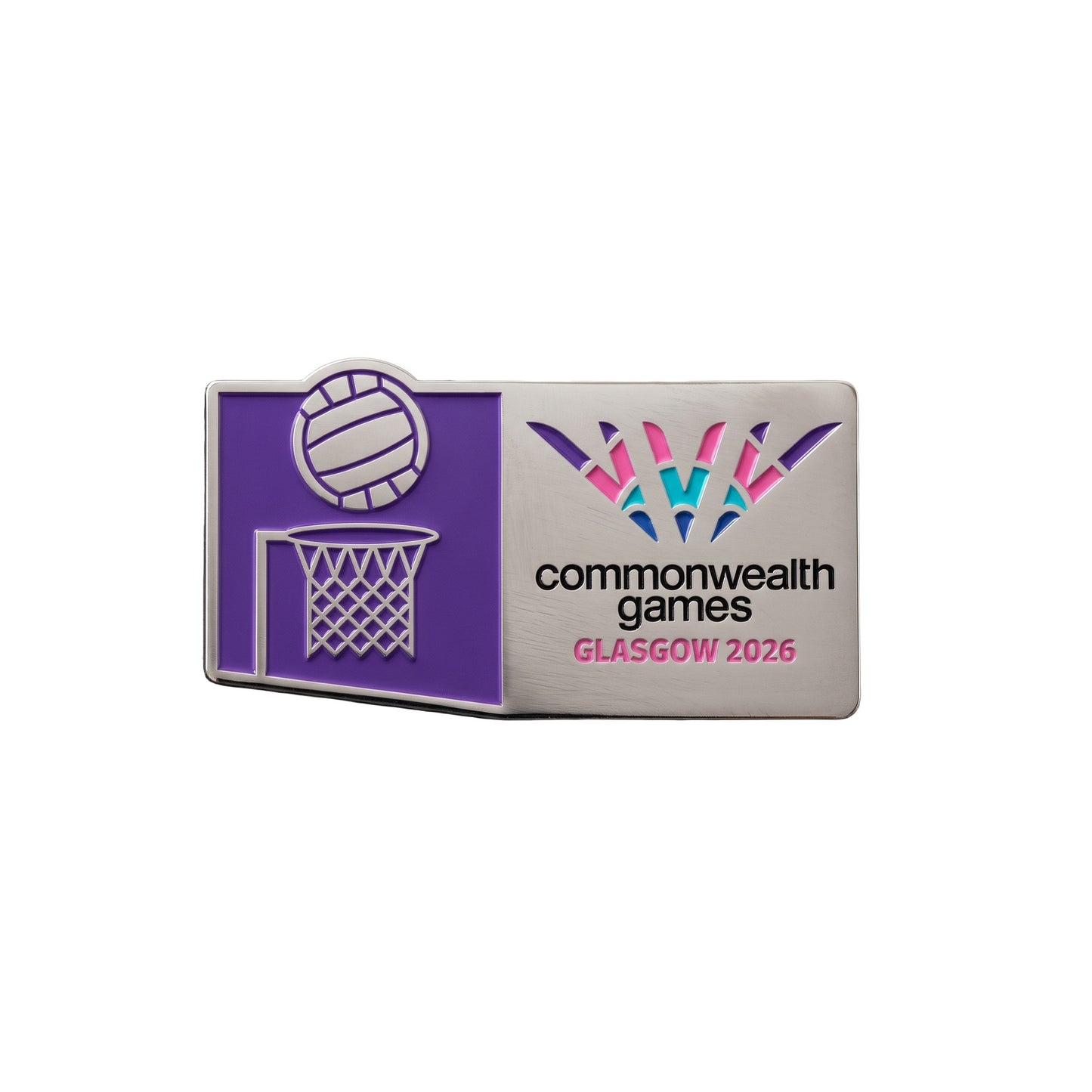 Metal pin badge with soft enamel Netball Pictogram and Glasgow 2026 logo.