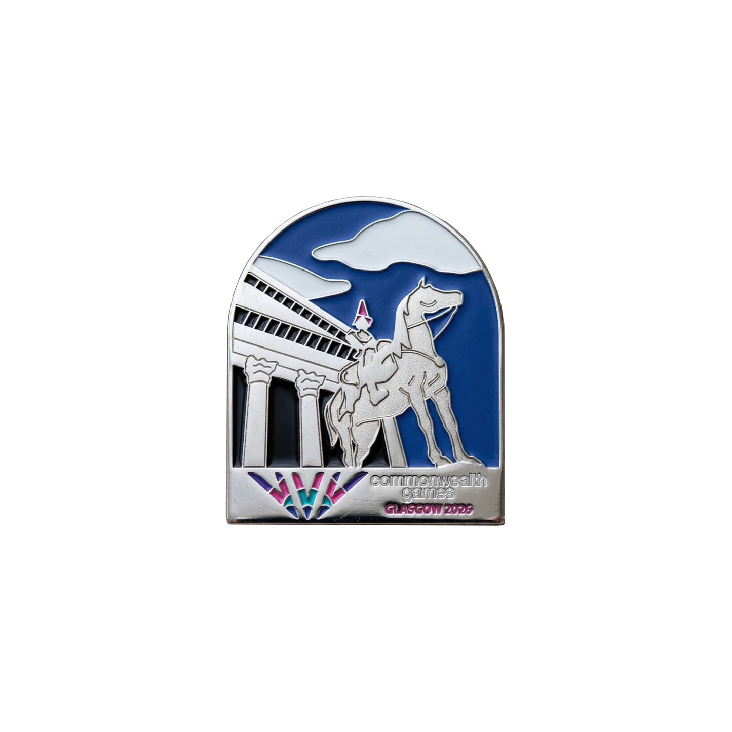 Glasgow 2026 metal pin badge with soft enamel infill depicting the Wellington Statue outside the GOMA building