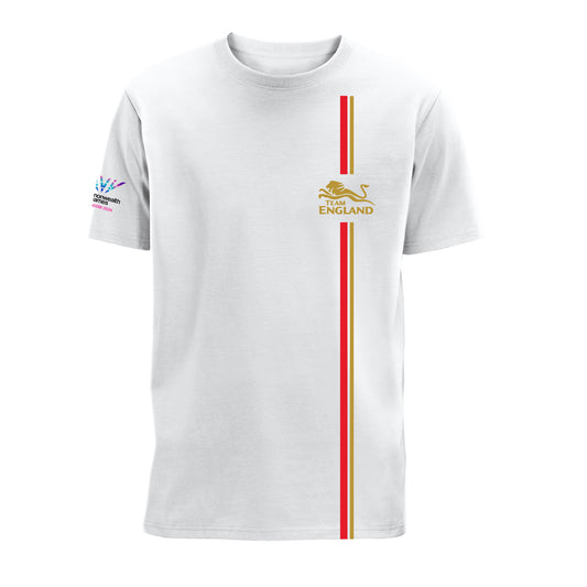 White t-shirt with Team England Logo Stripe design and Glasgow 2026 logo sleeve print.